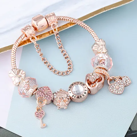 Pulsera Charm Corazón Llave Aleación Oro Rosa Zirconia Strass Con Cadena Serpiente Cuentas Vidrio Rosa Joyería Moda Regalo Mujer