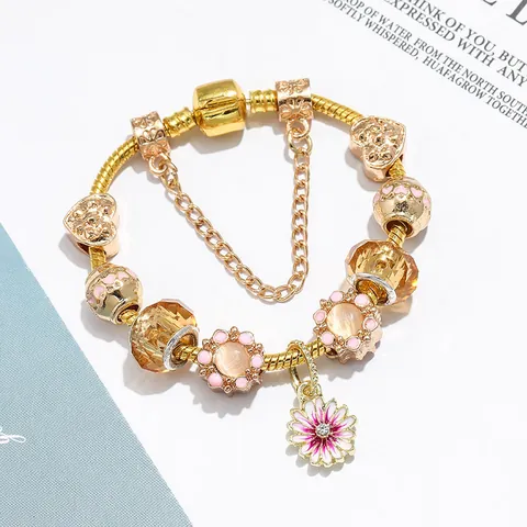 DIY Pink Blossom Daisy Charm Bracelet For Women Gold Silver Plated Snake Chain With Safety Chain Heart Crystal Enamel Beads Floral Bracelet Jewelry Gift
