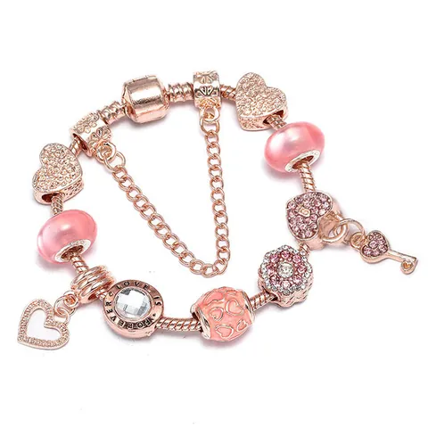 Pulsera de Charms de Bricolaje Oro Rosa Con Colgantes de Corazón Llave Flor Cuentas de Vidrio Rosa Cadena de Serpiente Pulsera Mujer Joyería
