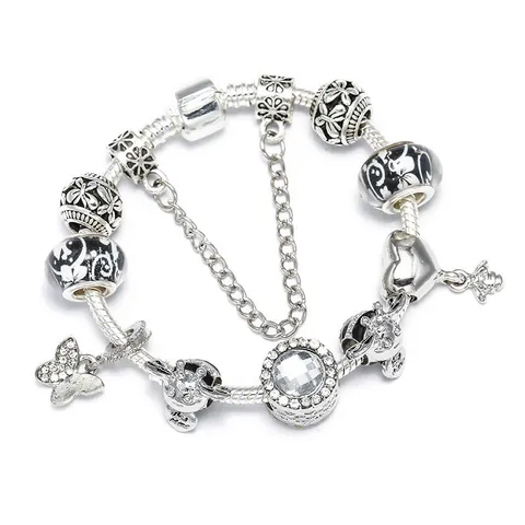 European Style DIY Charm Bracelet Silver Color Snake Chain Butterfly Bee Heart Pendant Alloy Rhinestone Beaded Jewelry For Women
