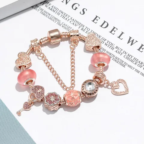 Pulsera de Charms de Bricolaje Oro Rosa Con Colgantes de Corazón Llave Flor Cuentas de Vidrio Rosa Cadena de Serpiente Pulsera Mujer Joyería