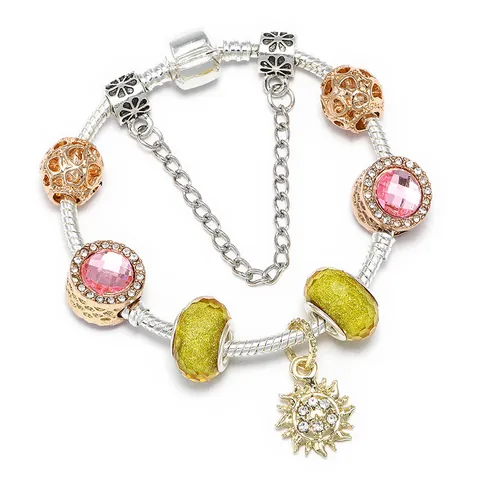 Elegantes Europäisches DIY-Perlenarmband Für Damen Versilberte Schlangenkette Mit Rosa Gelben Perlen Sonnenanhänger Modeschmuck Armband Geschenk