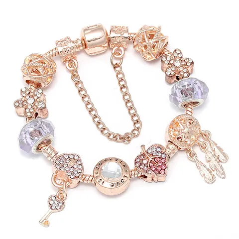 Damen Roségold Perlen Charm Armband Legierung Strass Herz Schlüssel Feder Lila Glasperlen Anhänger Schlangenkette Schmuck