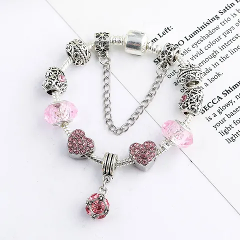 Damen Romantisches DIY Rosa Kristallkugel Charm Armband Versilberte Legierung Herz Anhänger Schlangenkette Armband Valentinstag Schmuck Geschenk