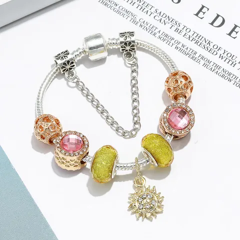 Elegantes Europäisches DIY-Perlenarmband Für Damen Versilberte Schlangenkette Mit Rosa Gelben Perlen Sonnenanhänger Modeschmuck Armband Geschenk