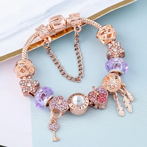 Damen Roségold Perlen Charm Armband Legierung Strass Herz Schlüssel Feder Lila Glasperlen Anhänger Schlangenkette Schmuck