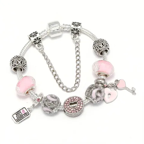Pulsera de Abalorios de Corazón Rosa Romántica Cadena de Serpiente de Plata Colgante de Llave de Cerradura Aleación Vidrio Circonita Joyería Mujer Regalo
