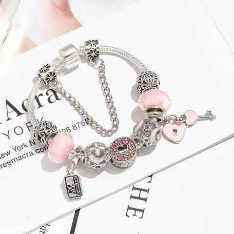 Pulsera de Abalorios de Corazón Rosa Romántica Cadena de Serpiente de Plata Colgante de Llave de Cerradura Aleación Vidrio Circonita Joyería Mujer Regalo