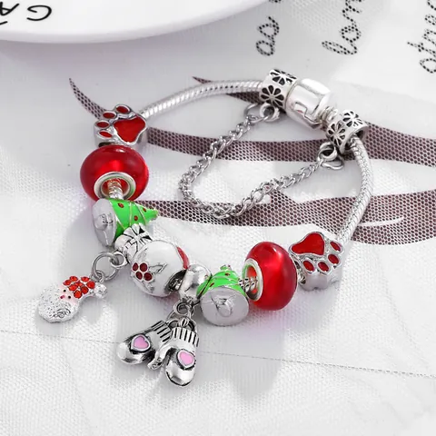 Weihnachten Weihnachtsmann Baum Bettelarmband Silber Schlangenkette Mit Rot Grün Festlichen Perlen Herz Handschuh Damen Schmuck