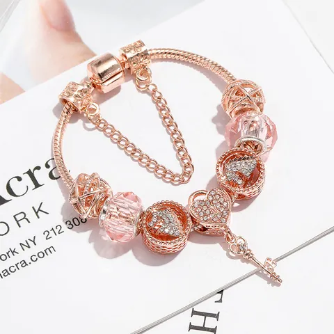 Pulsera de Charms Romántica de Aleación Chapada en Oro Rosa Cerradura Corazón Llave Cristal Rosa Strass Joyería Regalo para Mujer