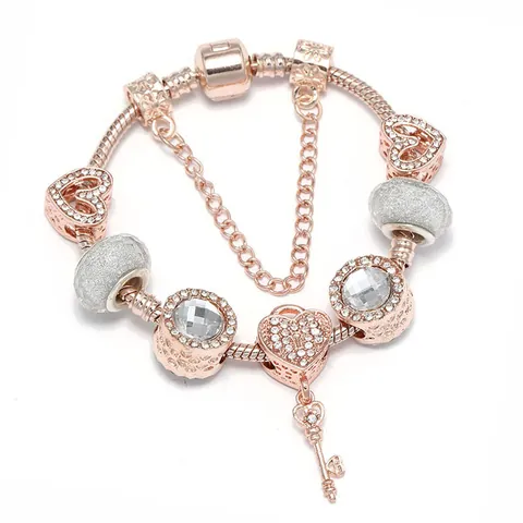 Mode Rozegoud Legering Strass Hart Sleutel Charm Armband Met Slangenketting Veiligheidsketting Voor Dames Valentijnsdag Sieraden Cadeau