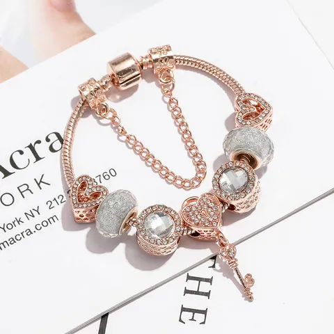 Mode Rozegoud Legering Strass Hart Sleutel Charm Armband Met Slangenketting Veiligheidsketting Voor Dames Valentijnsdag Sieraden Cadeau