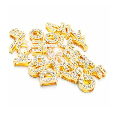 Breloques Coulissantes Lettre Chiffre en Alliage Plaqué Or avec Trou Rectangulaire de 10mm Alphabet Incrusté de Strass pour Bracelet Bracelet de Montre DIY