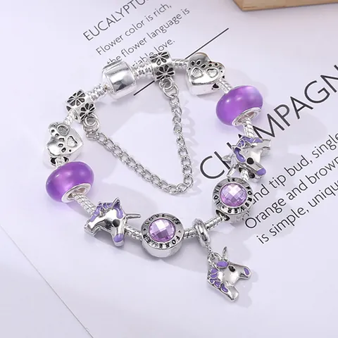 Lussuoso Bracciale con Ciondolo a Forma di Unicorno Viola Lega Placcato Oro Rosa Argento Catena a Serpente Cuore Gioielli San Valentino Donna