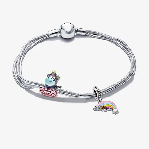 Bracciale da Donna in Lega Placcata Argento Catena a Serpente Con Ciondoli a Forma di Unicorno Arcobaleno Acchiappasogni Cuore Smaltati Gioielli