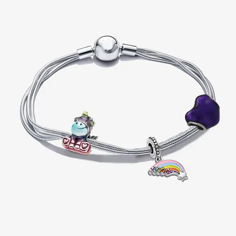 Bracciale da Donna in Lega Placcata Argento Catena a Serpente Con Ciondoli a Forma di Unicorno Arcobaleno Acchiappasogni Cuore Smaltati Gioielli