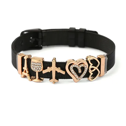 Milanese Mesh Bracelet Stainless Steel Black Watch Style Wristband With Rose Gold Starfish Coconut Tree Charms For Unisex