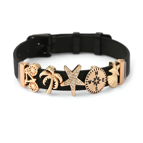 Milanese Mesh Bracelet Stainless Steel Black Watch Style Wristband With Rose Gold Starfish Coconut Tree Charms For Unisex