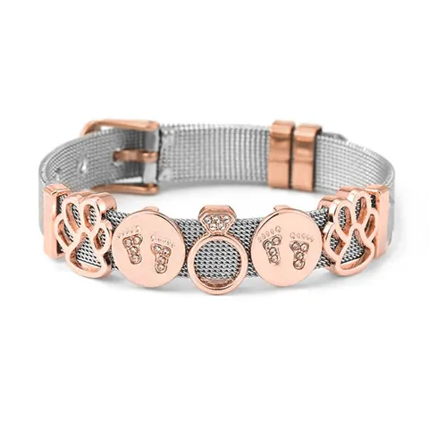 Stainless Steel Mesh Bracelet With Baby Footprint Pet Paw Heart Zirconia Charms Adjustable Watch Strap Keeper Bracelet For Women Men