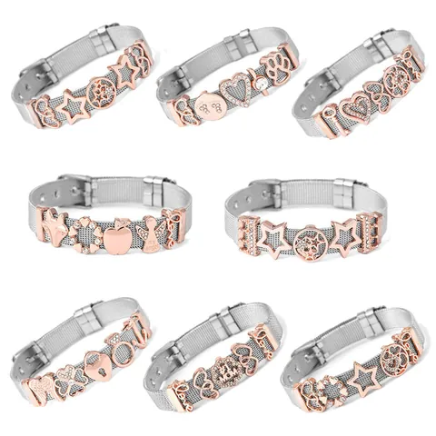 Modieuze Roestvrijstalen Gaas Armband Voor Dames Zilver Roségoud Ster Hart LOVE Engel Bedeltjes Verstelbare DIY Sieraden