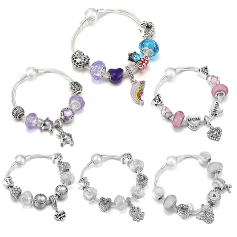 Modieus Legering Bedelarmband Met Roze Paars Hart Eenhoorn Bedels Druppelolie Emaille Kralen Slangenketting Armband Vrouwen Sieraden