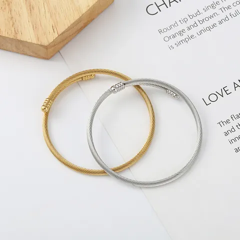 Bracciale Rigido Minimalista in Acciaio Inossidabile a Cavo per Donna Oro Argento Galvanizzato Elastico Aperto Regolabile Gioielli di Moda