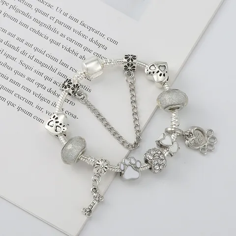 DIY Cartoon Huisdier Poot Knopen Hart Charm Armband Verzilverd Legering Slangenketting Sieraden Cadeau Dames Meisjes