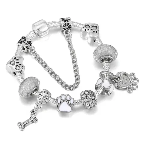 DIY Cartoon Huisdier Poot Knopen Hart Charm Armband Verzilverd Legering Slangenketting Sieraden Cadeau Dames Meisjes