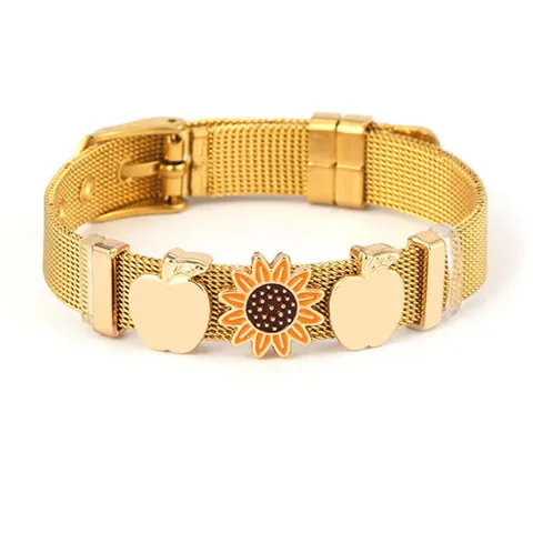 Bracciale in Maglia di Acciaio Inossidabile Con Charm Girasole Mela Fenicottero Palma Cinturino Milanese Regolabile Gioielli Donna