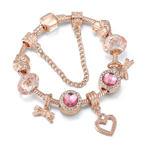 Luxus Roségold DIY Charm-Armband Für Damen Rosa Herz Schlüssel Schmetterling Anhänger Kristallperlen Schlangenkette Romantischer Schmuck