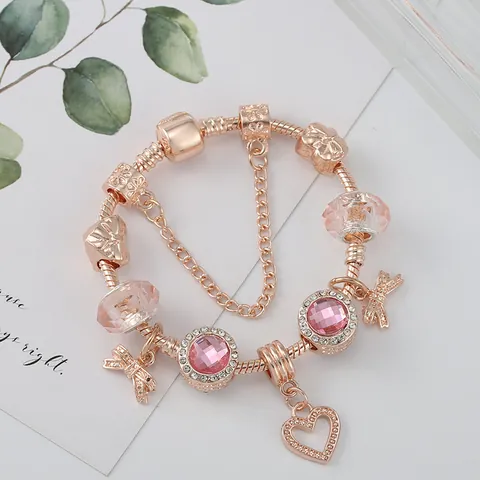 Luxus Roségold DIY Charm-Armband Für Damen Rosa Herz Schlüssel Schmetterling Anhänger Kristallperlen Schlangenkette Romantischer Schmuck