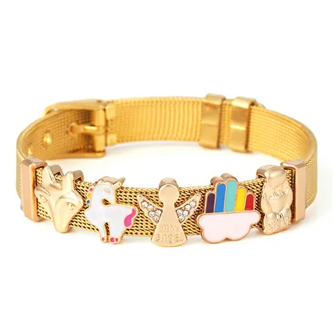 Lindo Brazalete de Malla Milanesa con Dijes de Unicornio Ángel Acero Inoxidable Oro Plata Oro Rosa Ajustable Pulsera para Mujeres Niños Joyería