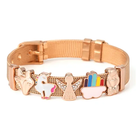 Lindo Brazalete de Malla Milanesa con Dijes de Unicornio Ángel Acero Inoxidable Oro Plata Oro Rosa Ajustable Pulsera para Mujeres Niños Joyería