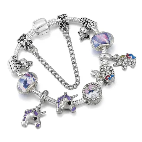 Bracciale Charm in Lega di Perline alla Moda per Donna Ragazza Unicorno Viola Perle di Vetro Strass Catena a Serpente Gioielli Regalo