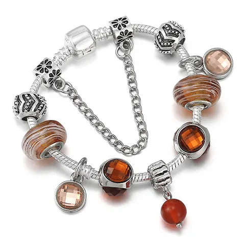 Bracciale con Ciondoli in Lega alla Moda Catena a Serpente Perline di Vetro Multicolore Ciondoli Cuore Fiore Con Catena di Sicurezza Regalo Gioielli Eleganti Donna