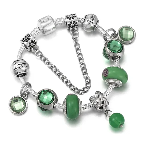 Bracciale con Ciondoli in Lega alla Moda Catena a Serpente Perline di Vetro Multicolore Ciondoli Cuore Fiore Con Catena di Sicurezza Regalo Gioielli Eleganti Donna
