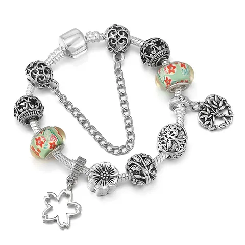 Bracciale Charms in Lega Placcata Argento da Donna Catena a Serpente Perle in Vetro di Murano Floreale Ciondolo Albero della Vita Gioielli