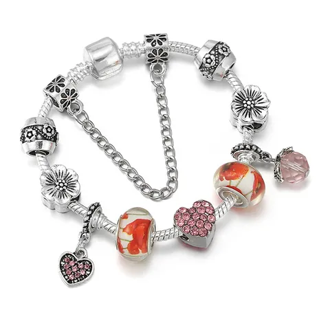 Bracciale Charms in Lega Placcata Argento da Donna Catena a Serpente Perle in Vetro di Murano Floreale Ciondolo Albero della Vita Gioielli