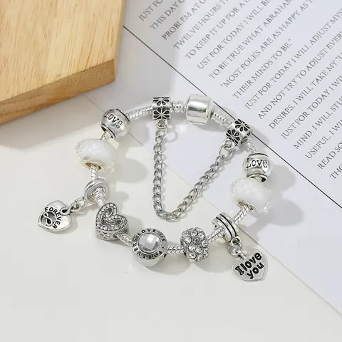 Bracciale Charm in Lega Placcato Argento Con Ciondolo a Cuore e Chiave Perline d'Amore Strass Catena a Serpente Gioielli Per Donna
