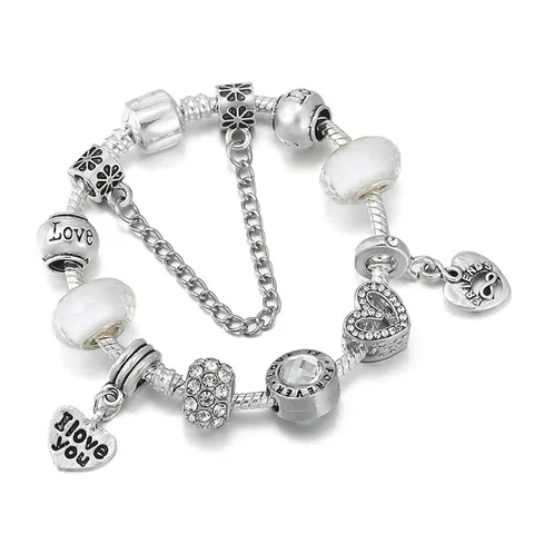 Bracciale Charm in Lega Placcato Argento Con Ciondolo a Cuore e Chiave Perline d'Amore Strass Catena a Serpente Gioielli Per Donna