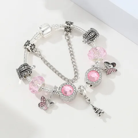 Moda Donna Braccialetto Charm DIY Lega Placcata Argento Con Perline di Cristallo Farfalla Corona Ciondolo Torre Eiffel Gioielli
