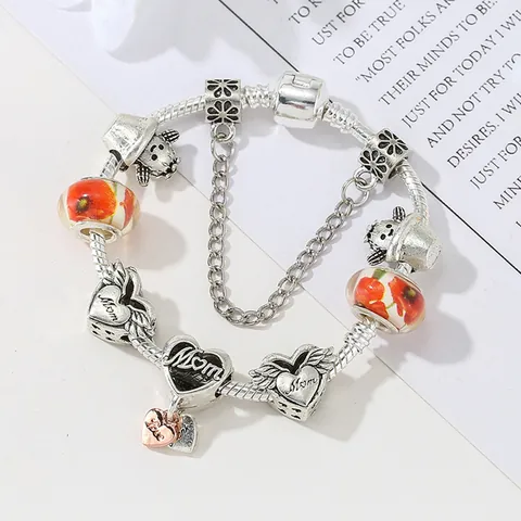 Braccialetto con Charms Perline Fai Da Te per Donna Lega Catena Serpente Albero della Vita Cuore Mom Ciondolo Gioielli Regalo Moda