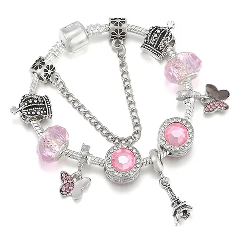 Moda Donna Braccialetto Charm DIY Lega Placcata Argento Con Perline di Cristallo Farfalla Corona Ciondolo Torre Eiffel Gioielli