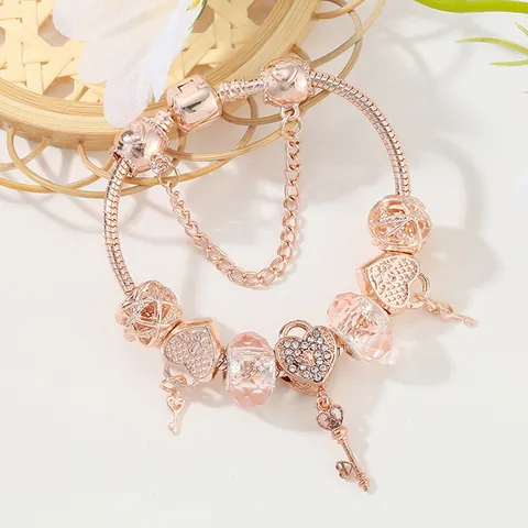 Roségoud Vergulde Legering Hart Sleutel Bedelarmband Met Roze Kristal Zirkonia Kralen Slangenketting Sieraden Vrouwen Valentijnsdag