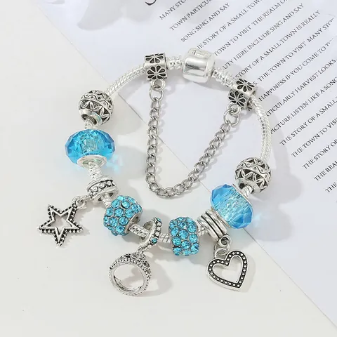 Bracciale Charm Fai Da Te Donna in Lega Argentata Catena Serpente Ciondoli Cuore Corona Stella Perline Gioielli Moda
