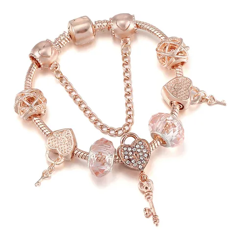 Roségoud Vergulde Legering Hart Sleutel Bedelarmband Met Roze Kristal Zirkonia Kralen Slangenketting Sieraden Vrouwen Valentijnsdag