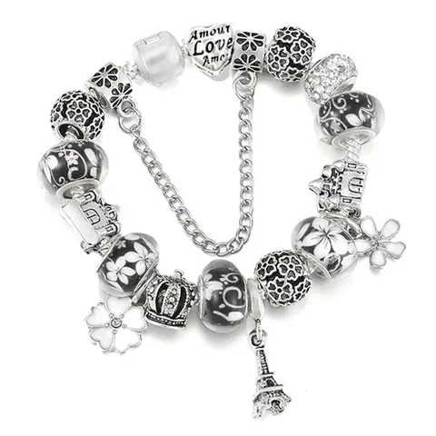 Bracciale Placcato Argento con Ciondoli Torre Eiffel Corona Cuore per Donna Fai-da-te Fiori Perle di Vetro Catena a Serpente Gioielli