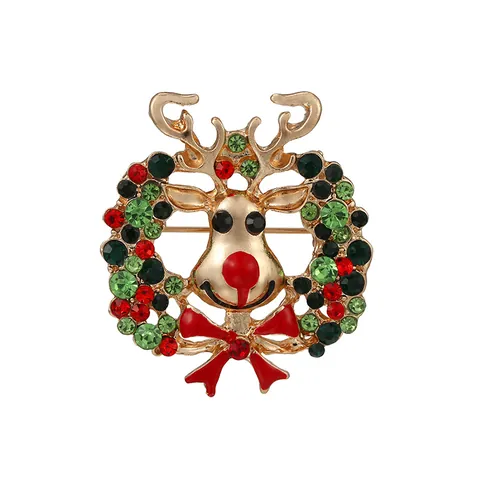 Christmas Wreath Reindeer Brooch For Women Alloy Enamel Colorful Rhinestone Deer Head Xmas Holiday Festive Jewelry Gift