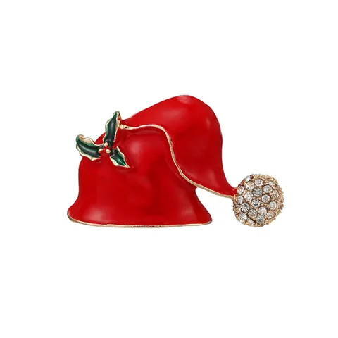 Spilla Creativa in Smalto a Forma di Cappello di Babbo Natale Rosso in Lega con Strass e Foglie di Agrifoglio per Donna Regalo