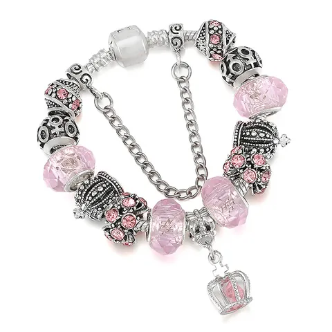 Bracciale con Ciondoli Fai-da-te Donna con Pendente a Corona Lega Vetro Colorato Zirconia Catena a Serpente Gioielli